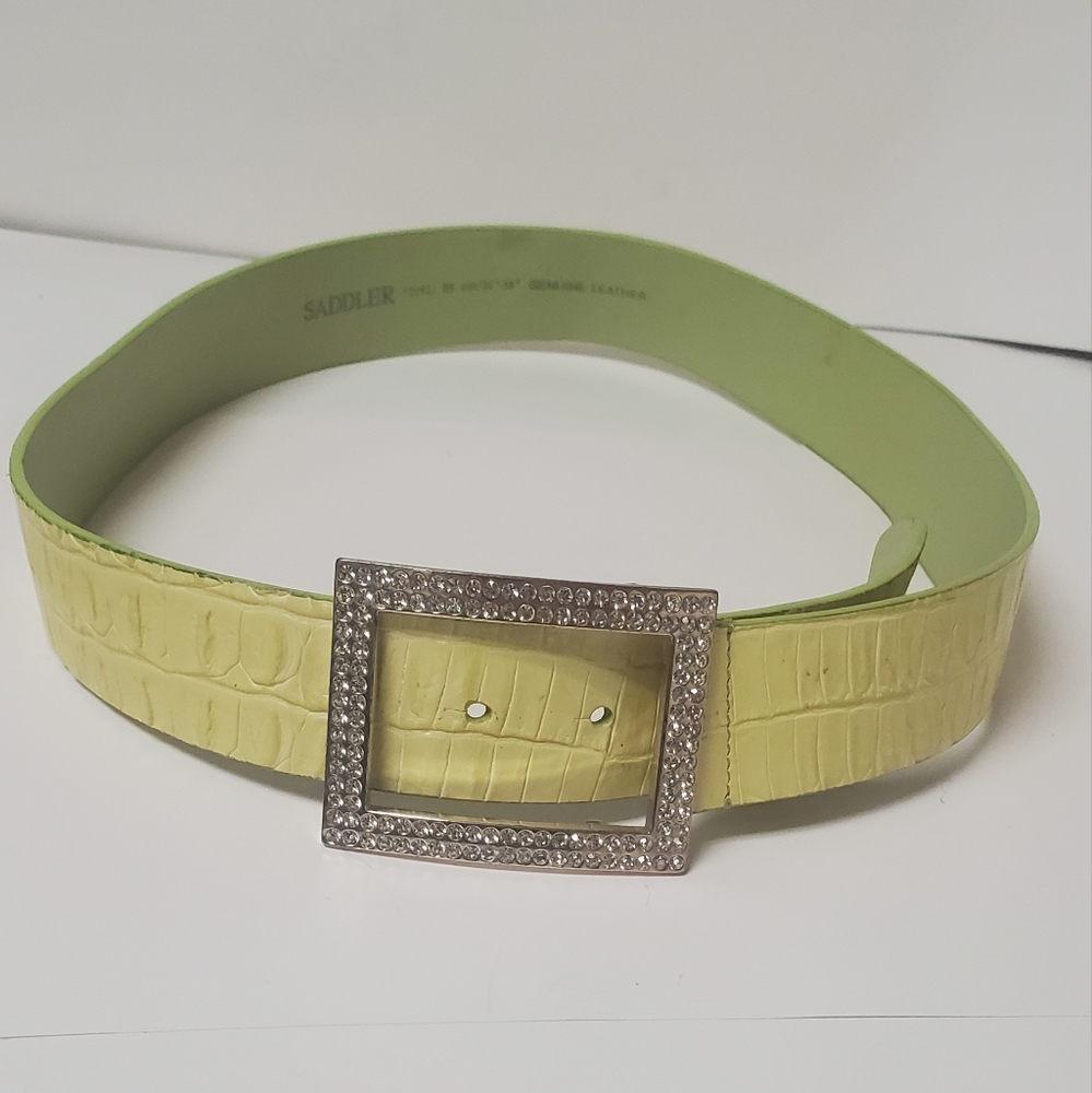 Vintage Leather Lime Green Rhinestone Buckle Belt 31" - 35" - Picture 8 of 8